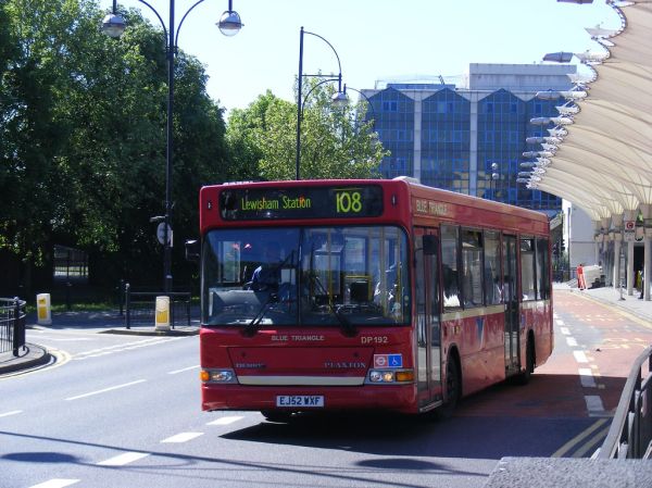 Blue Triangle bus, 108 route,Dennis Dart - Plaxton, DP192 EJ52 WXF Stratford.